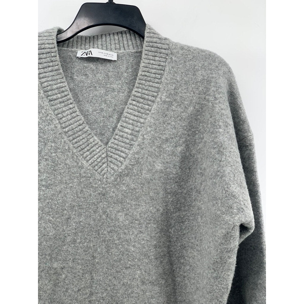 ZARA Women's Light Gray V-Neck Long Sleeve Sweater SZ XS