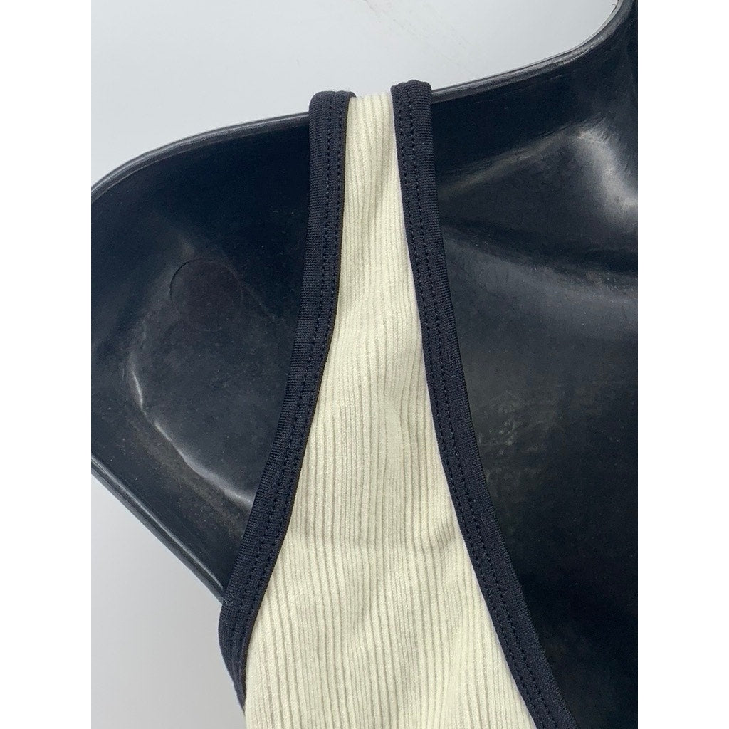 UNBRANDED Women's Cream-Black Ribbed V-Neck Sports Bra SZ L