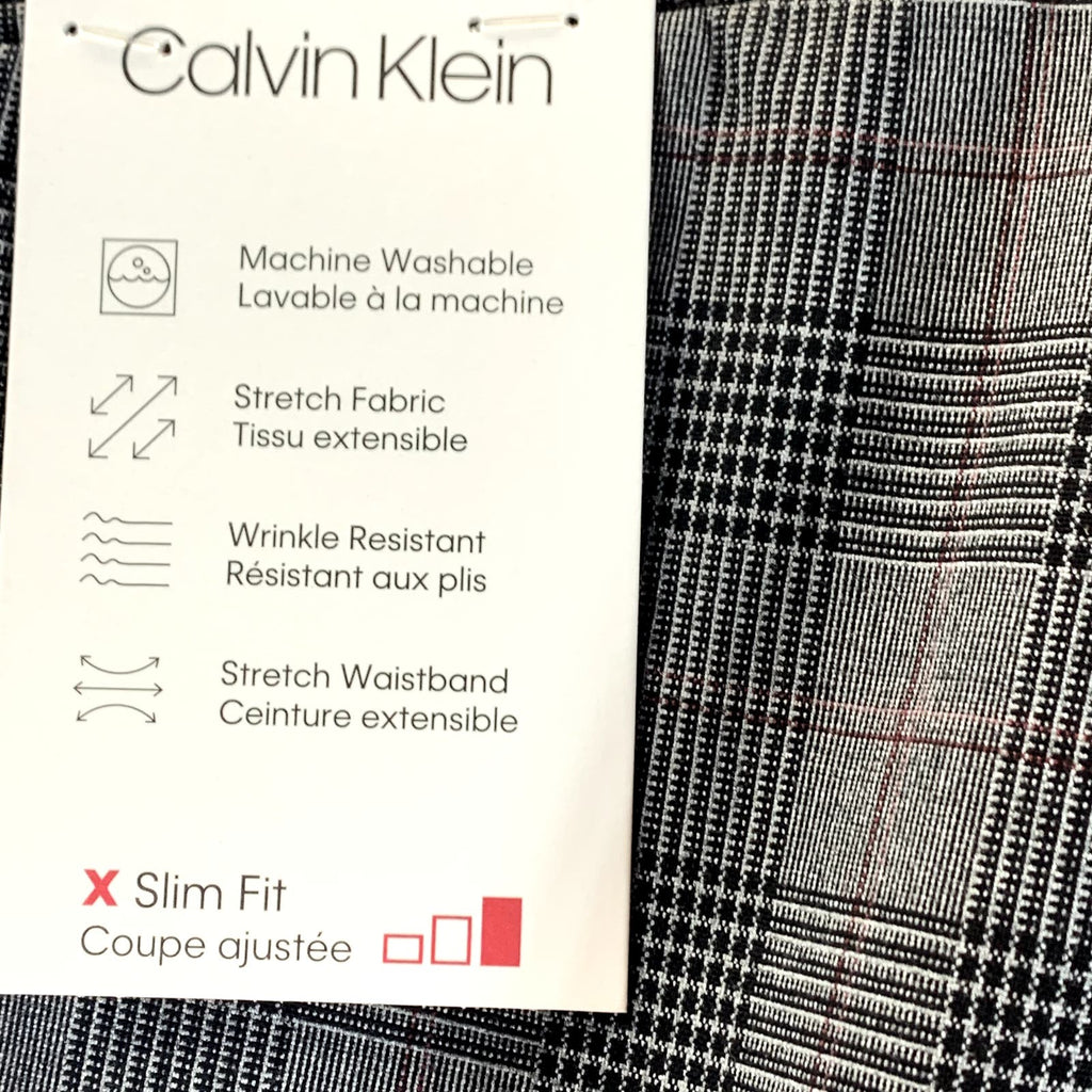 CALVIN KLEIN Men's Charcoal Plaid Slim-Fit Flat Front Dress Pants SZ 33X30