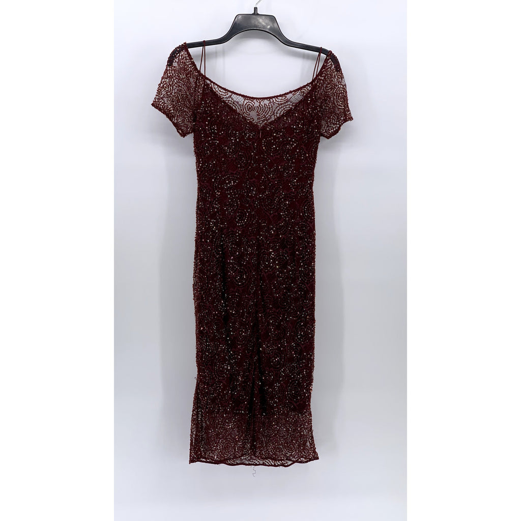 UNBRANDED Women's Burgundy Beaded Mesh Cold Shoulder Short Sleeve Dress SZ S