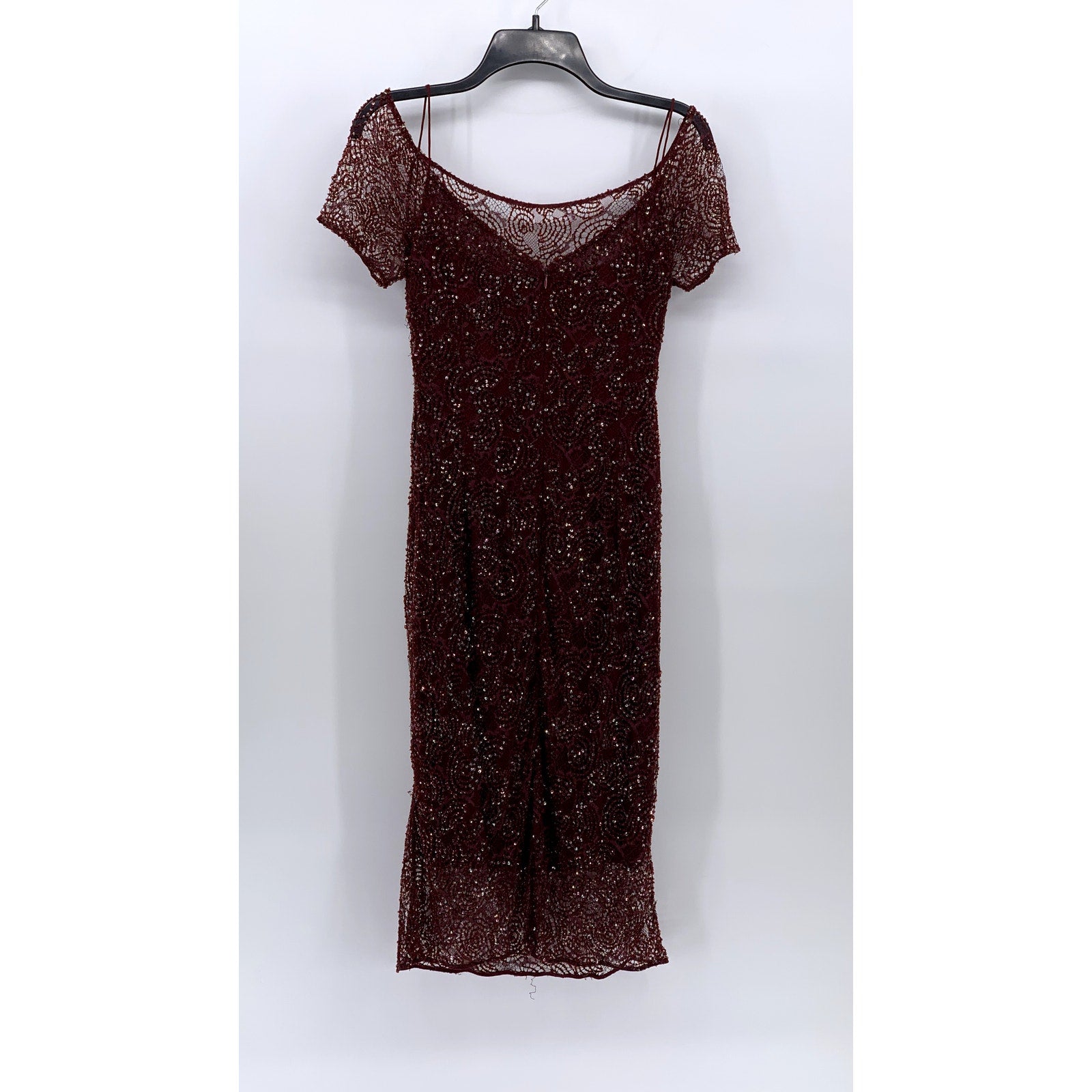 UNBRANDED Women's Burgundy Beaded Mesh Cold Shoulder Short Sleeve Dress SZ S