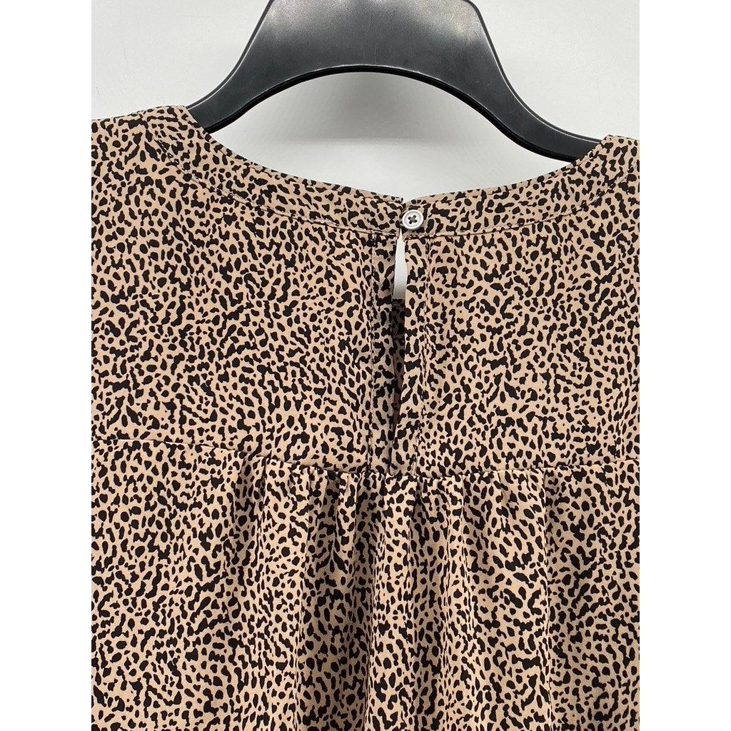 LOFT Women's Brown Animal Print Crewneck Long Sleeve Back Keyhole Top SZ M