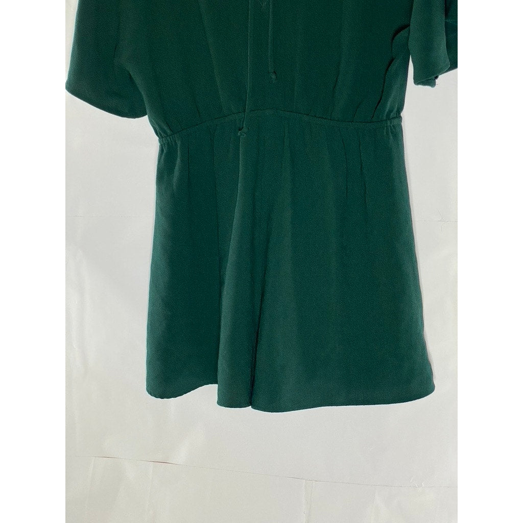 LEITH Women's Dark Green Emerald V-Neck Flowy Short Sleeve Tie-Back Romper SZ M