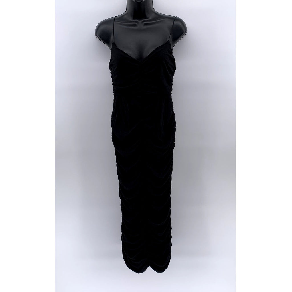 ASOS Women's Black Ruched V-Neck Spaghetti Strap Bodycon Midi Dress SZ 6