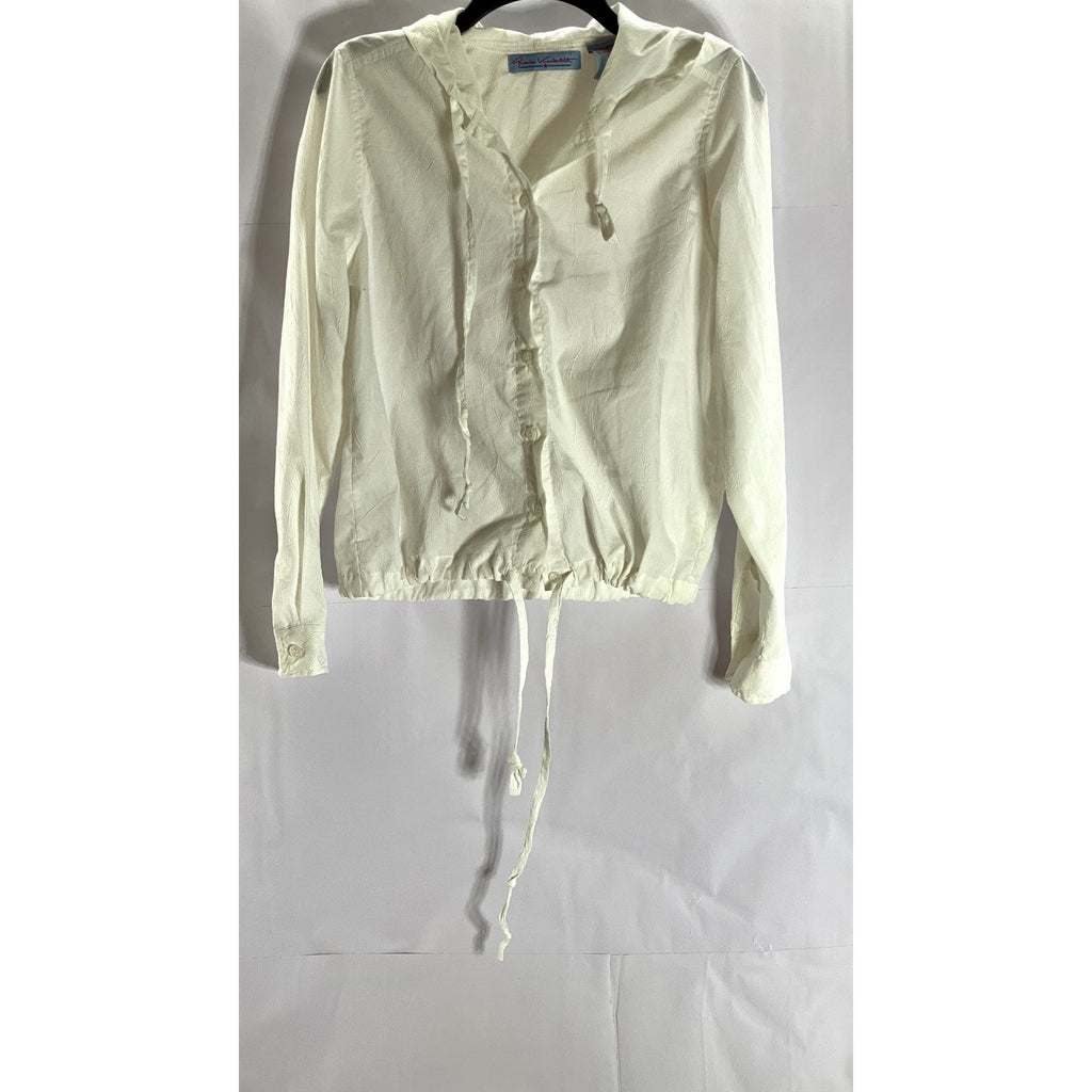 GLORIA VANDERBILT Women's Cream Button-Up Hooded Drawstring Long Sleeve Top SZ M