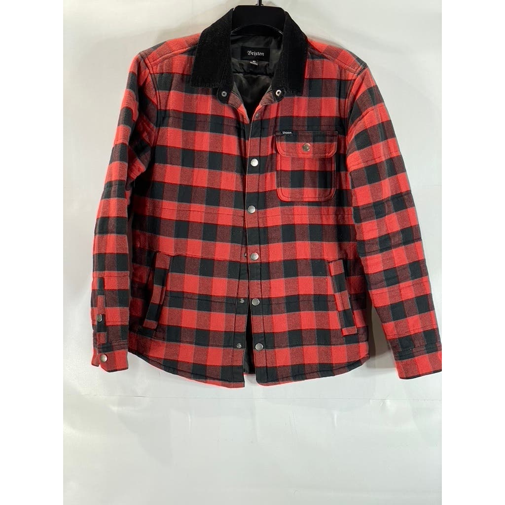 BRIXTON Men's Red/Black Plaid Cass Corduroy-Collar Snap-Button Jacket SZ S