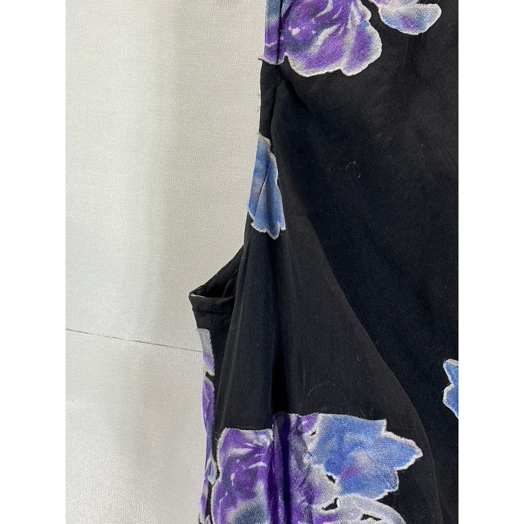 UNBRANDED Women's Black/Blue Floral Sheer V-Neck Sleeveless Midi Dress SZ S