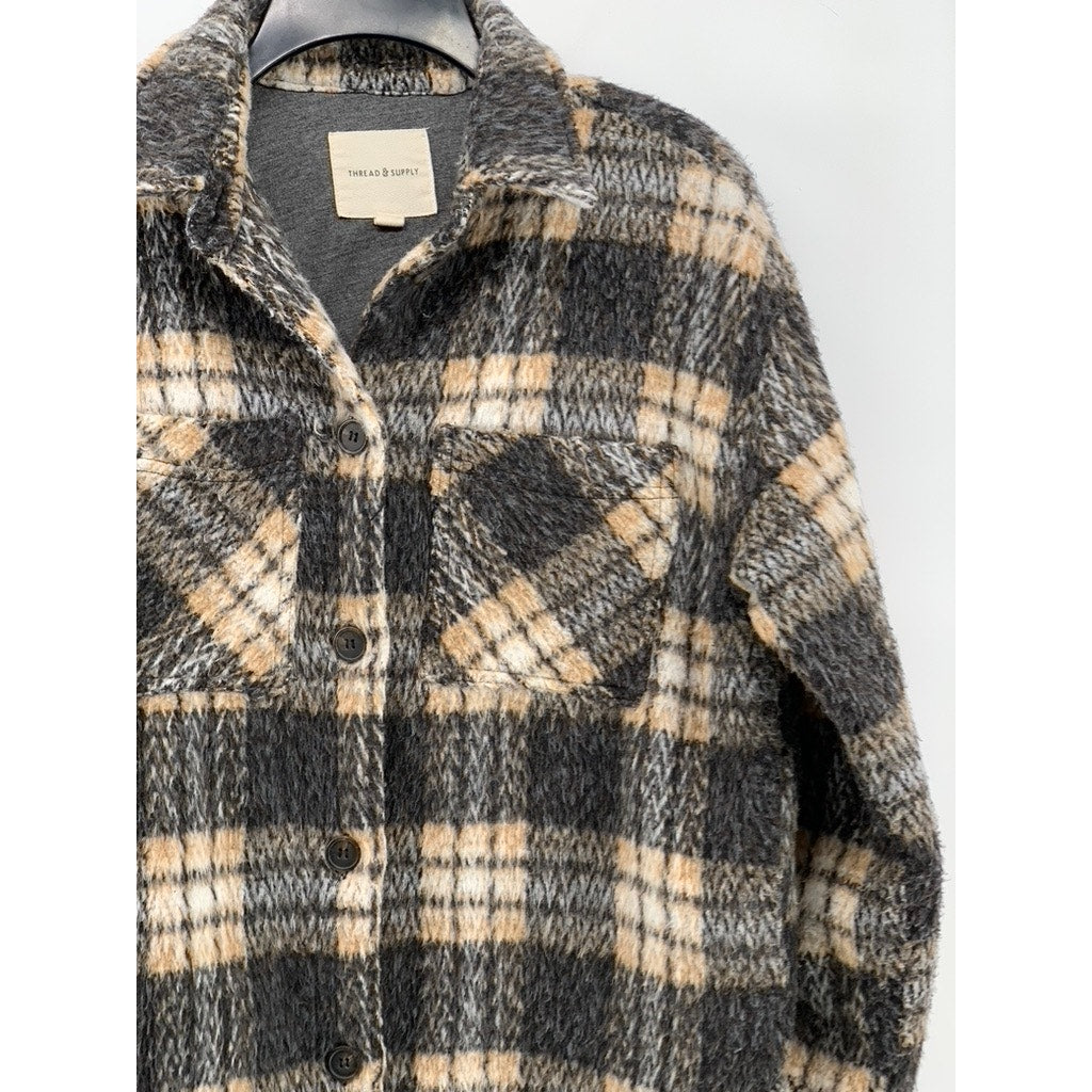 THREAD & SUPPLY Women’s Tan-Black Plaid Flannel Button-Up Shirt Jacket SZ S