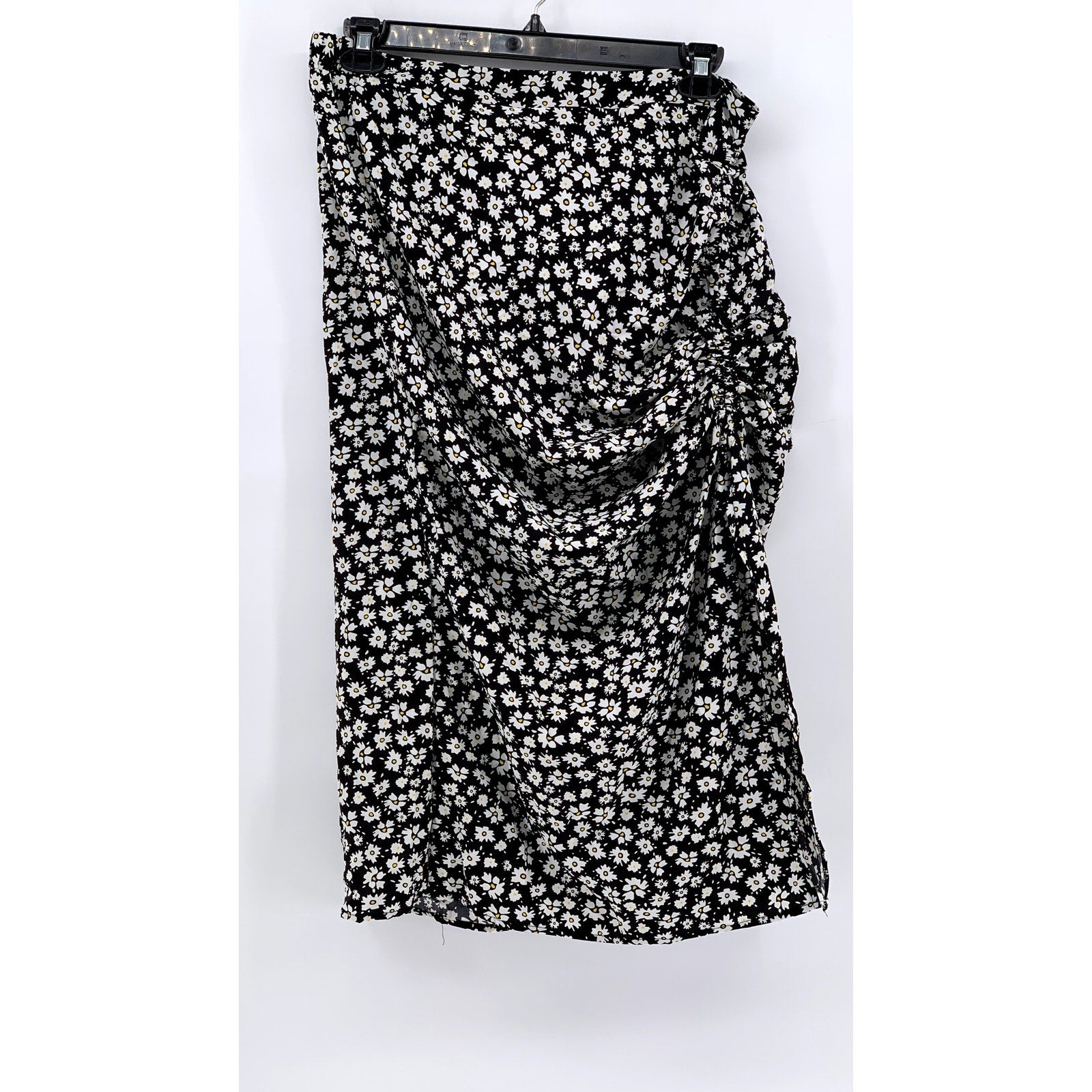 CURVZY Women's Black Ditsy Floral Side-Ruched Midi Skirt SZ 14