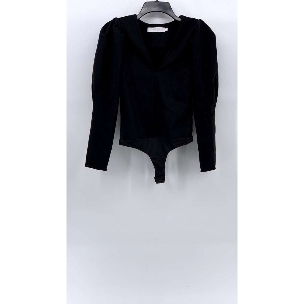 ASTR THE LABEL Women's Black Long Puff Sleeve V-Neck Thong Bodysuit SZ XS
