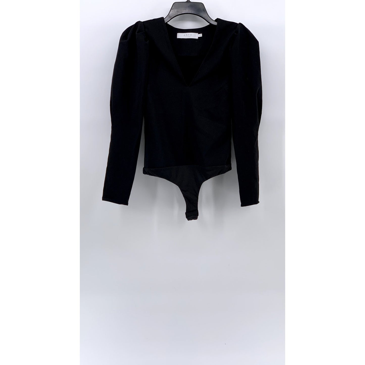ASTR THE LABEL Women's Black Long Puff Sleeve V-Neck Thong Bodysuit SZ XS