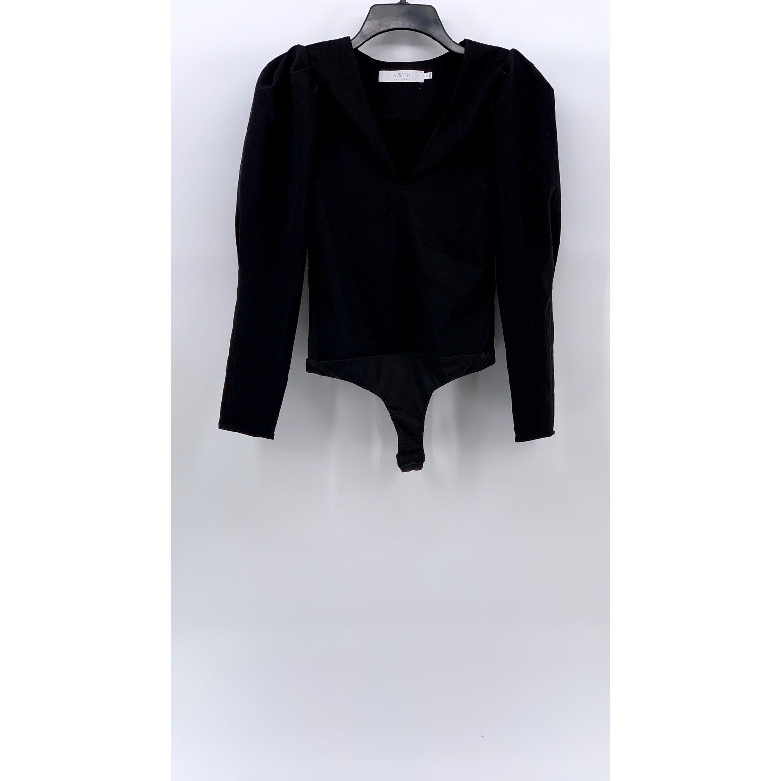 ASTR THE LABEL Women's Black Long Puff Sleeve V-Neck Thong Bodysuit SZ XS