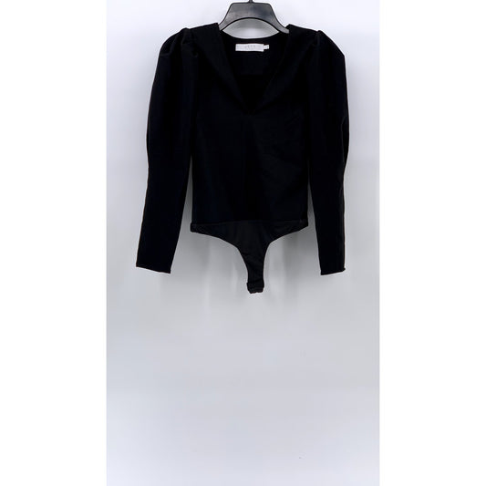 ASTR THE LABEL Women's Black Long Puff Sleeve V-Neck Thong Bodysuit SZ XS