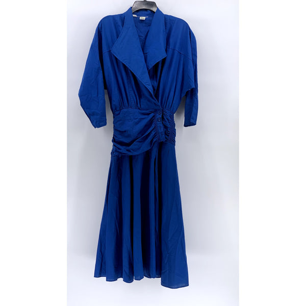 UNBRANDED Women's Vintage 80's Royal Blue Side-Button Long Puff Sleeve Dress SZM