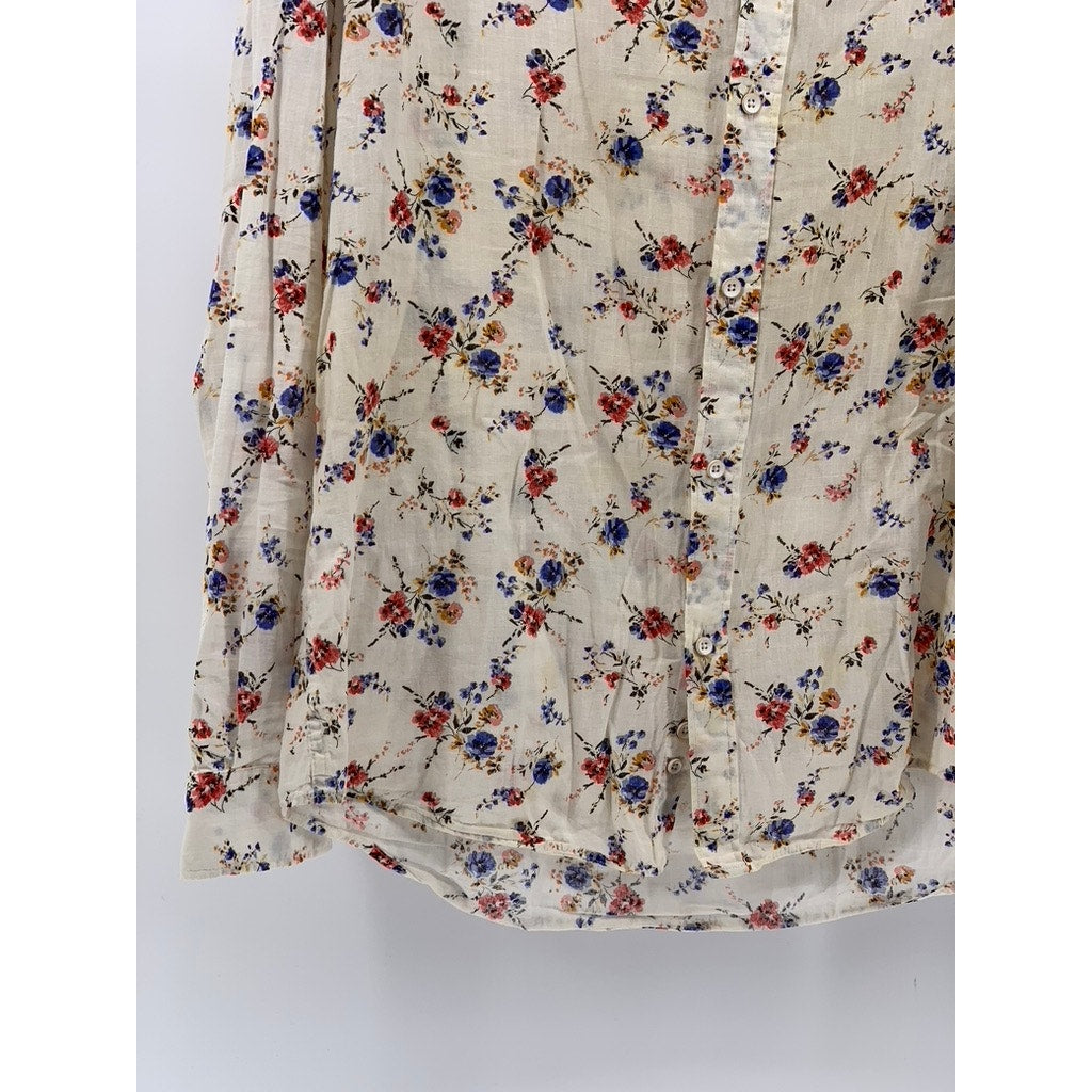 ZARA Men's Off-White Floral Print Button-Up Slim-Fit Long Sleeve Shirt SZ M