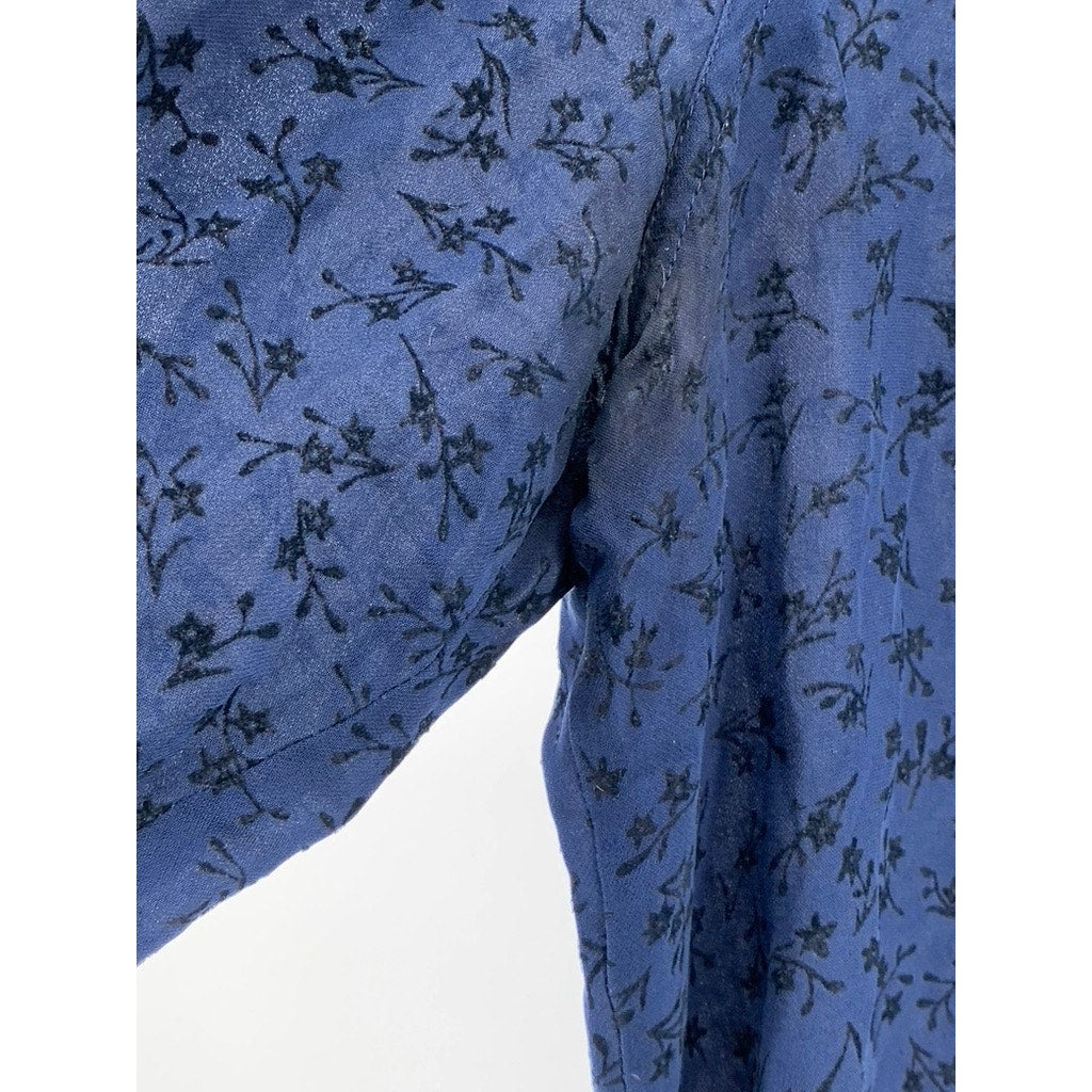 JONES NEW YORK Women's Blue Floral Sheer Button-Up  Long Sleeve Top SZ 14