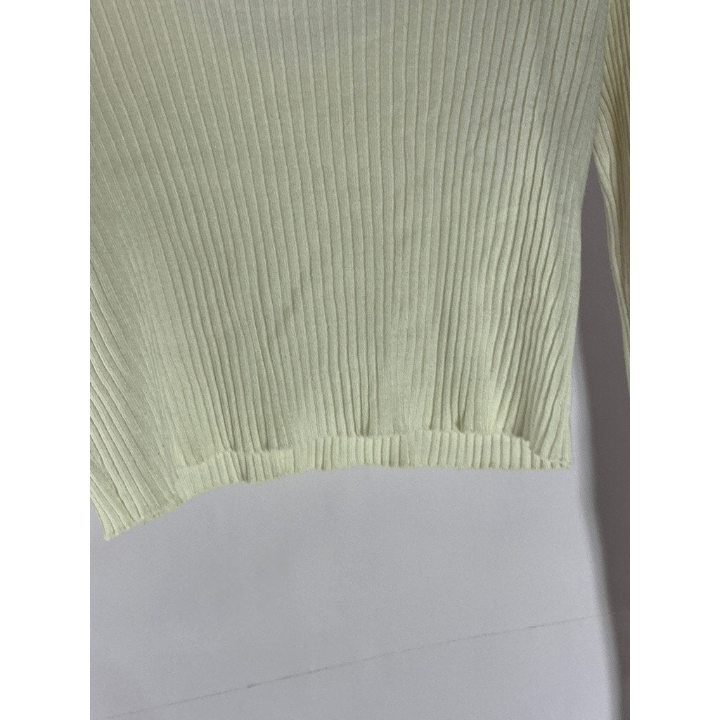 BRANDY MELVILLE Women's Cream Ribbed V-Neck Long Sleeve Crop Top SZ M