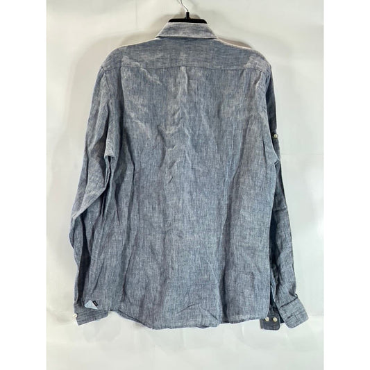 BOSS HUGO BOSS Men's Blue Pure Linen Chambray Regular-Fit Button-Up Shirt SZ M