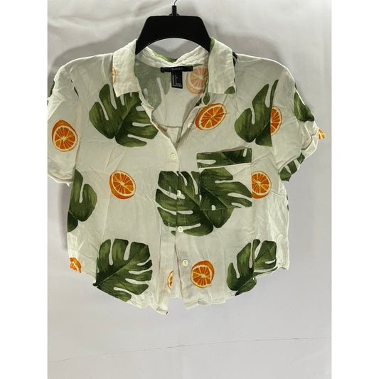 FOREVER 21 Women's Off-White Tropical Button-Up Pocket Short Sleeve Top SZ S