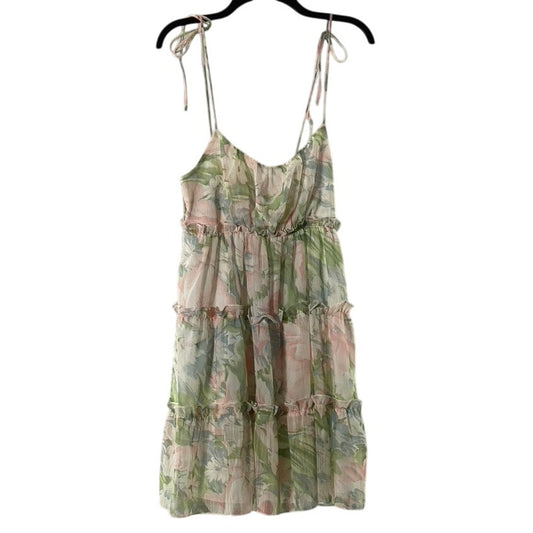 Women's Green Floral Print Tiered Tie-Strap Square-Neckline Mini Dress SZ S