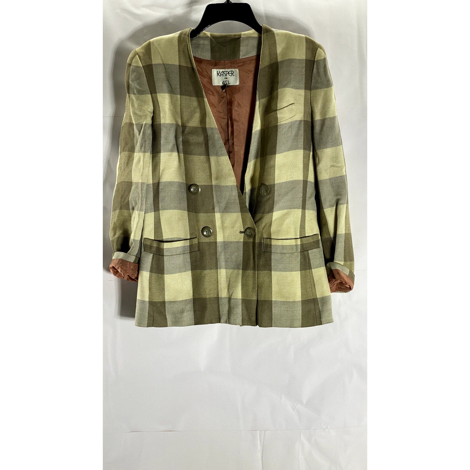 KASPER FOR ASL Women's Vintage Green/Brown Plaid Double Breast Blazer SZ 4