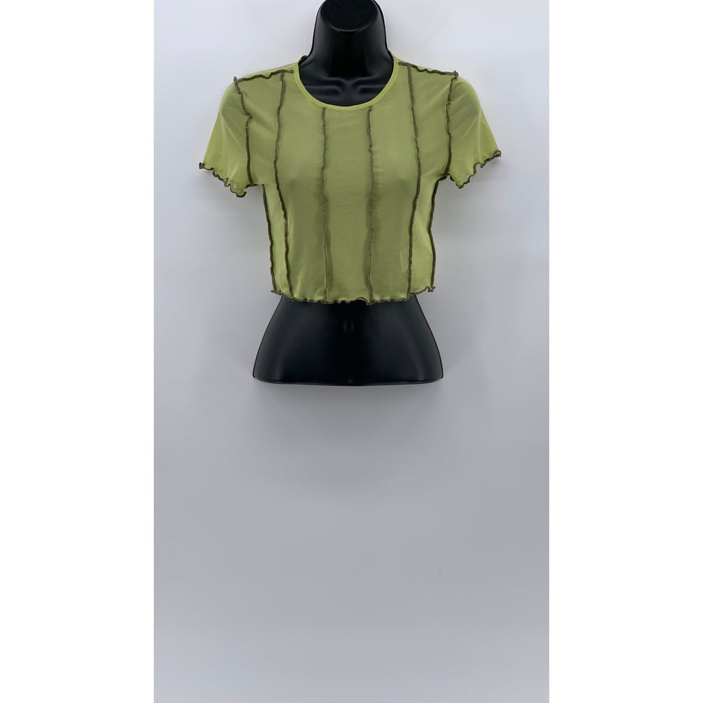 DIVIDED By H&M Women’s Green Lettuce Edge Stripe Crewneck Mesh Crop Top SZ S