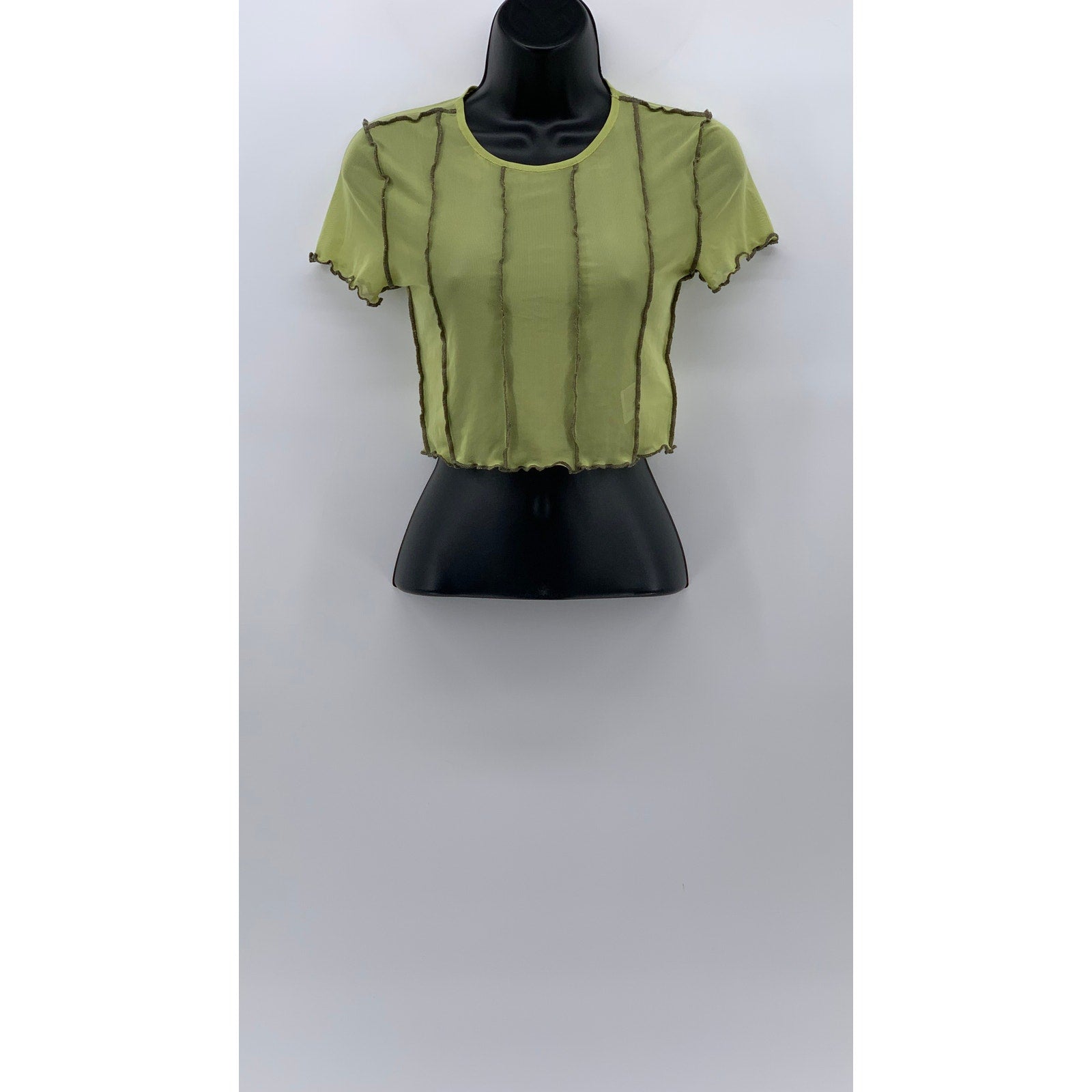 DIVIDED By H&M Women’s Green Lettuce Edge Stripe Crewneck Mesh Crop Top SZ S
