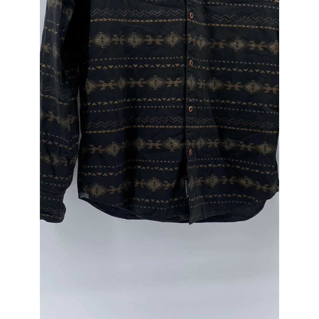 AMERICAN EAGLE Men's Black-Beige Printed Classic-Fit Button-Up Shirt SZ M