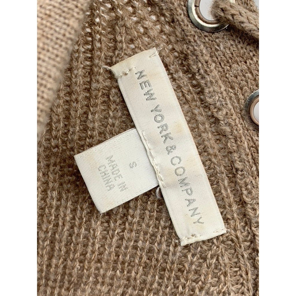 NEW YORK & COMPANY Women's Brown Knit Lace-Up 3/4 Sleeve Crewneck Sweater SZ S