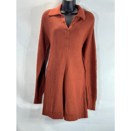 WEWOREWHAT Women's Rust Rib Knit Henley Long Sleeve Sweater Romper SZ S