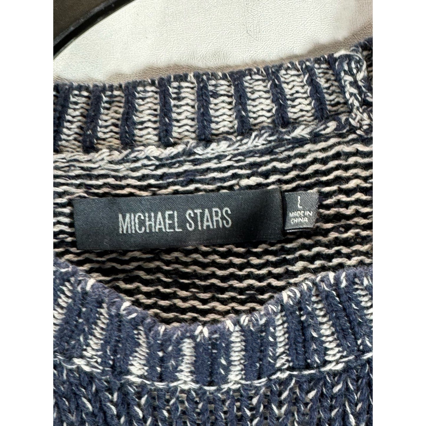 MICHAEL STARS Men's Navy/Gray Suede Yoke Crewneck Knit Pullover Sweater SZ L