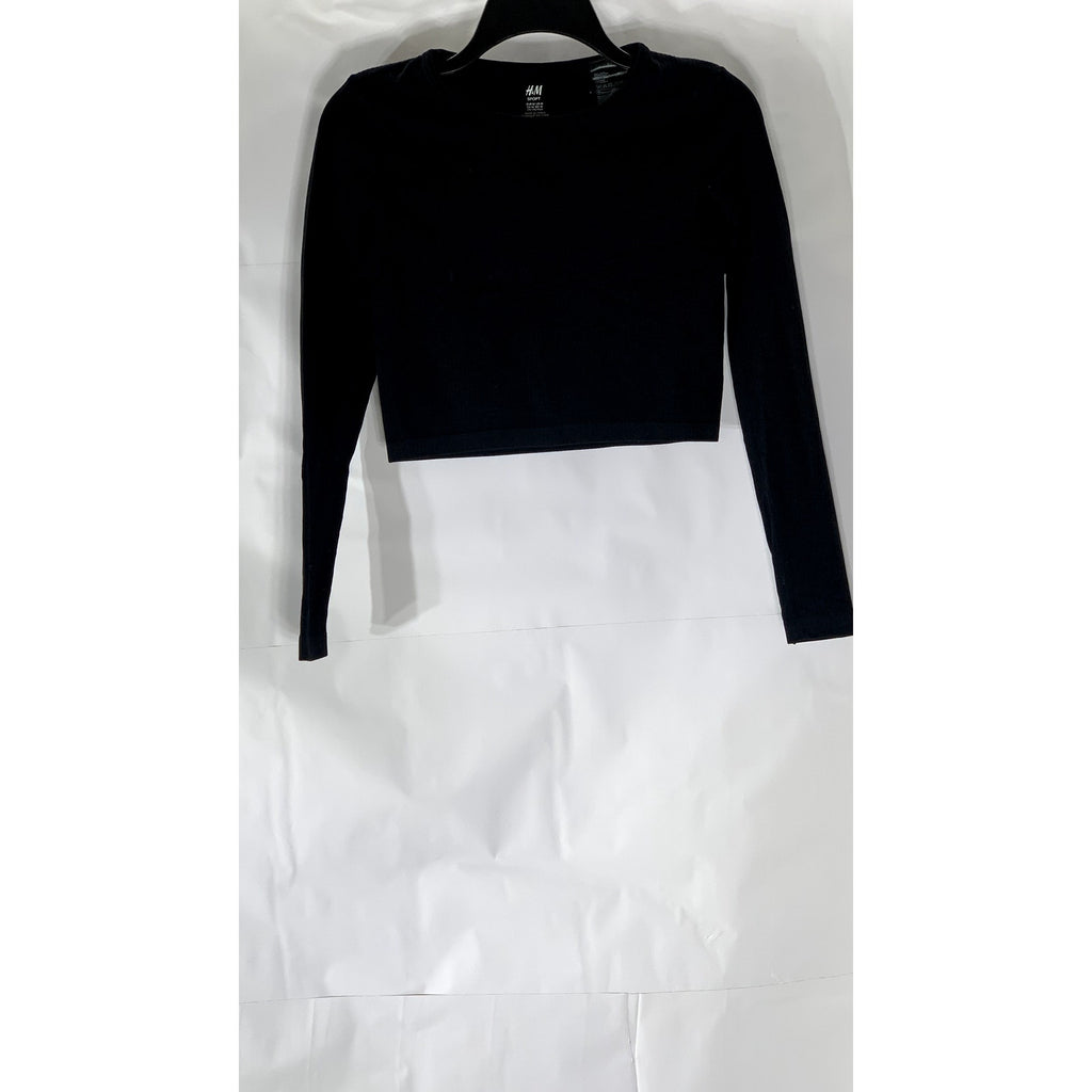 H&M SPORT Women’s Black Ribbed Crewneck Long Sleeve Cropped top SZ M