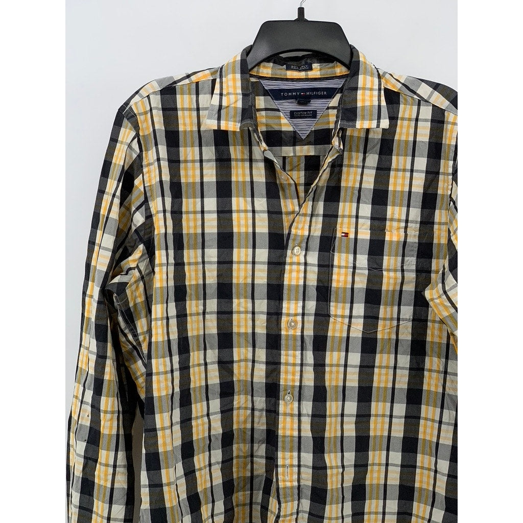 TOMMY HILFIGER Men's Blue-Yellow Plaid Custom Button-Up Long Sleeve Shirt SZ M