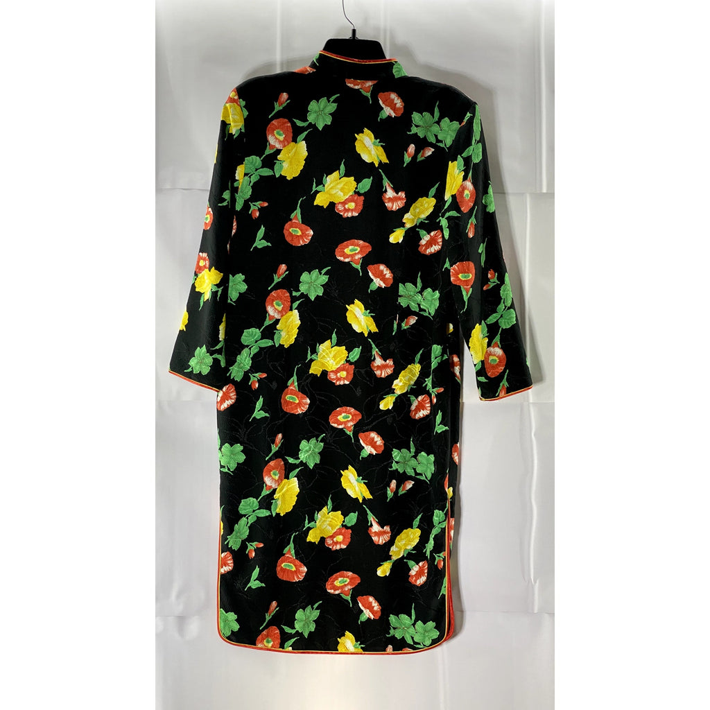 Women's Black Carnation Floral Print Wrap Cheongsam Frog-Closure Dress SZ M