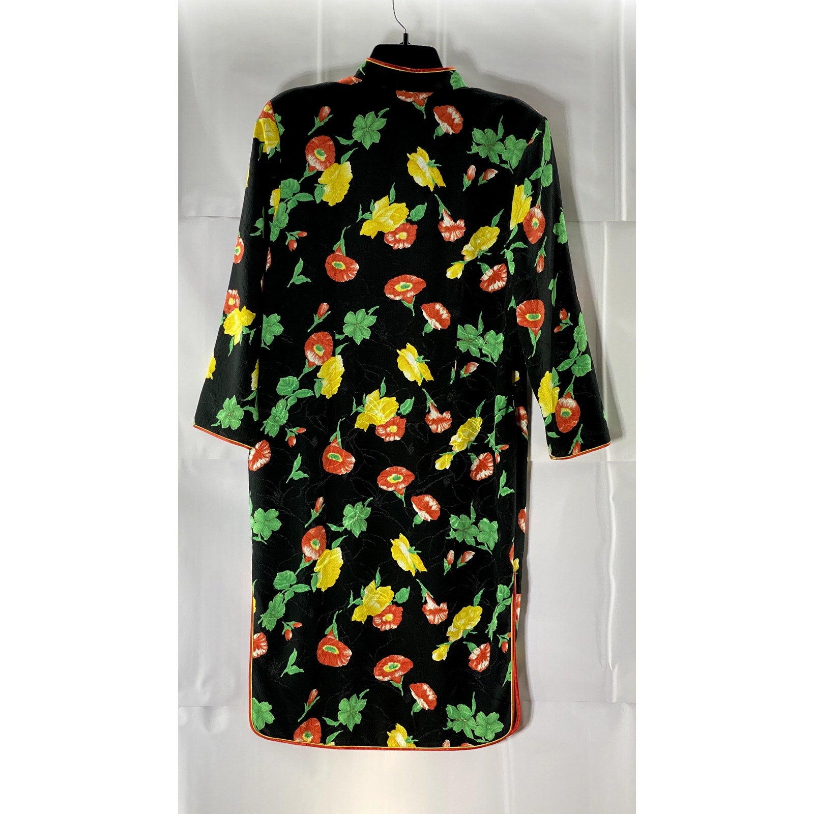 Women's Black Carnation Floral Print Wrap Cheongsam Frog-Closure Dress SZ M