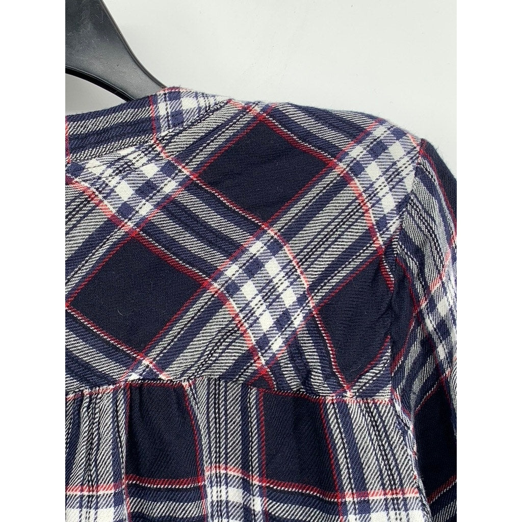 KNOX ROSE Women's Blue-Red Embroidered Popover Long Sleeve Flannel Top SZ L