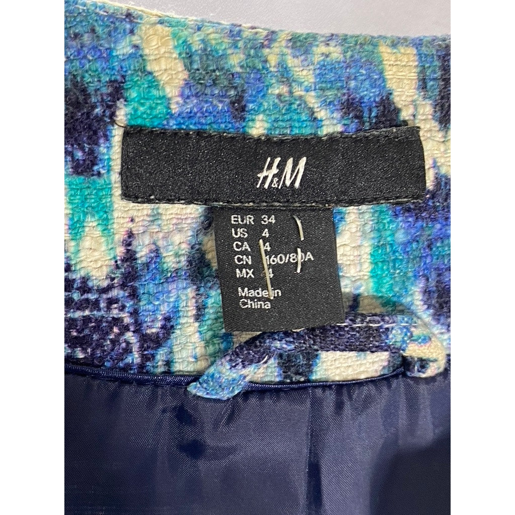 H&M Women's Blue Textured Cotton-Linen Open-Front Collarless Blazer SZ 4