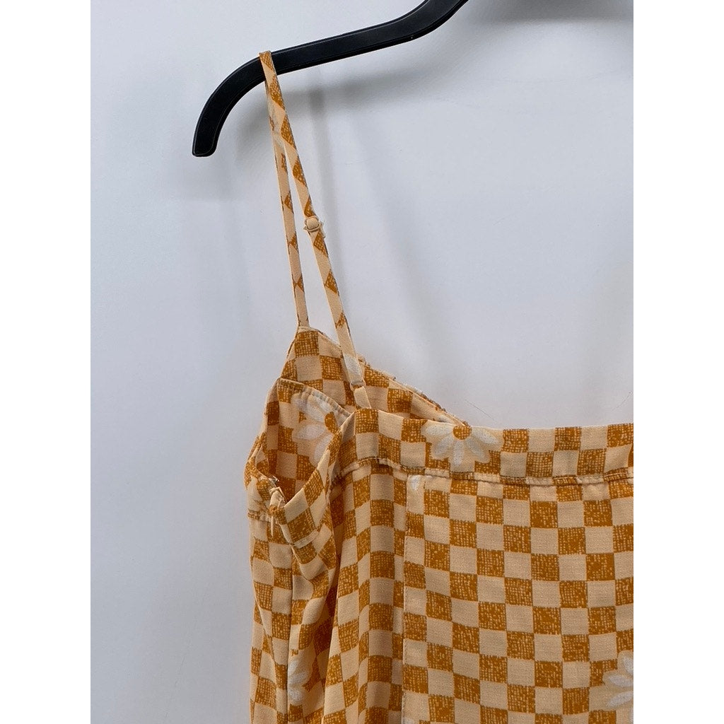 URBAN OUTFITTERS Women's Orange Checkered Daisy Print Cowl-Neck Mini Dress SZ L