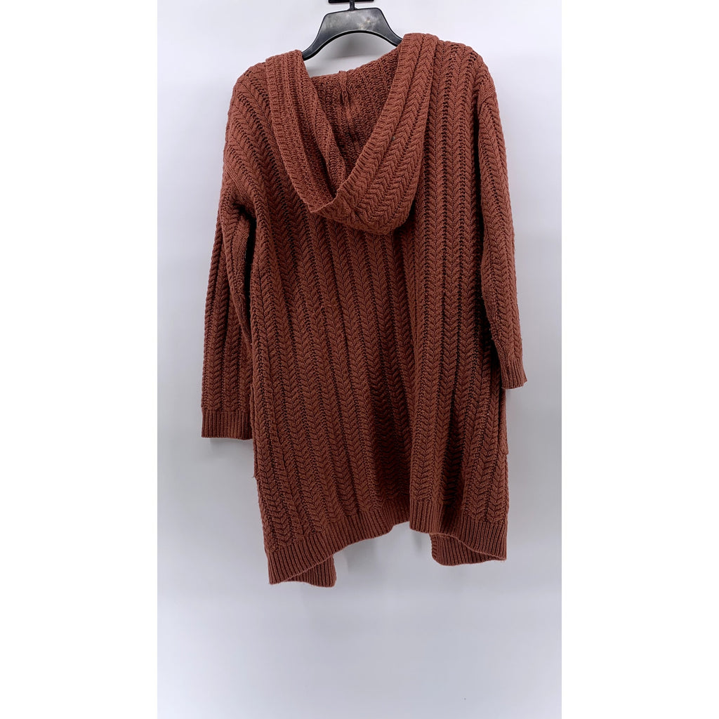 PINK ROSE Women's Rust Knit Open-Front Hooded Long Sleeve Duster SZ S