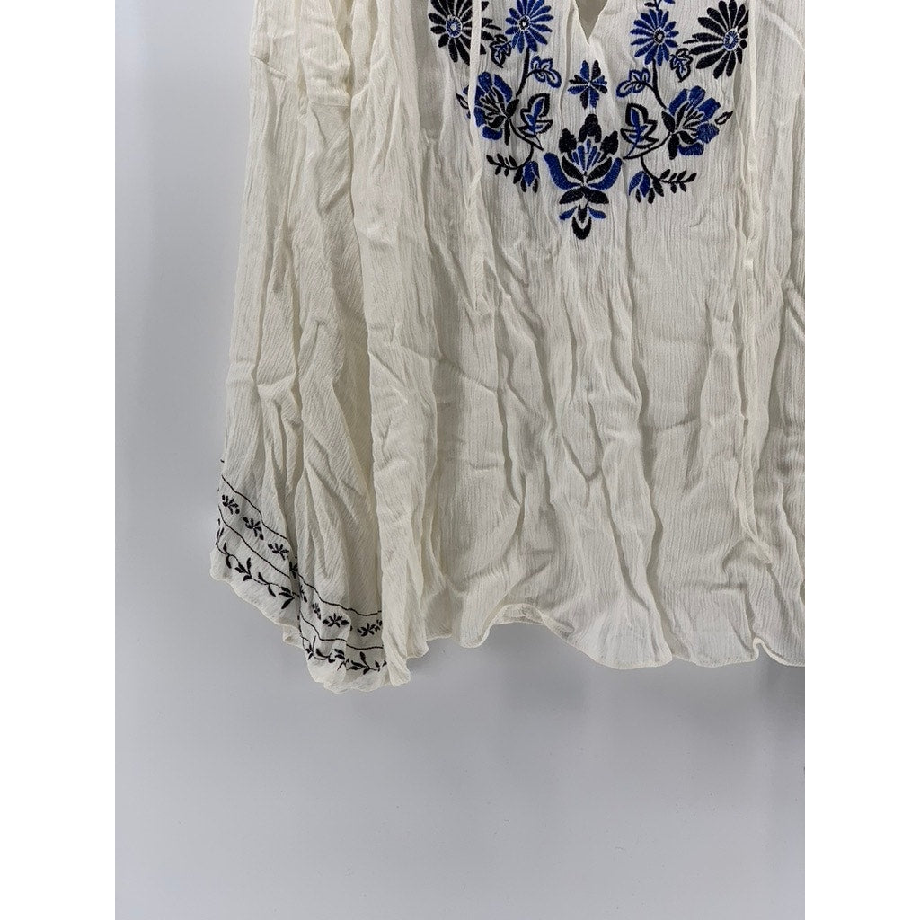 FOREVER 21 Women's White-Navy Embroidered Lace-Up Long Sleeve Dress SZ S