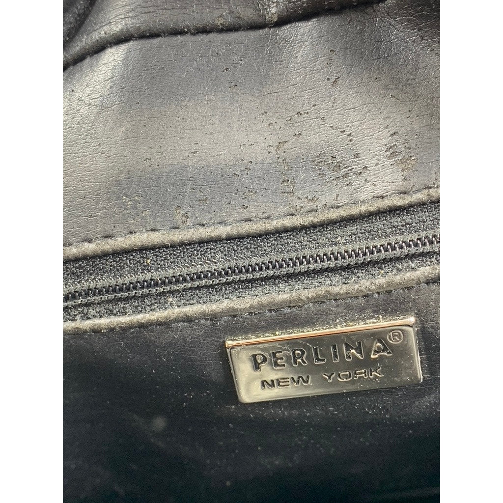 PERLINA NEW YORK Women's Gray Leather Round Satchel Messenger Bag