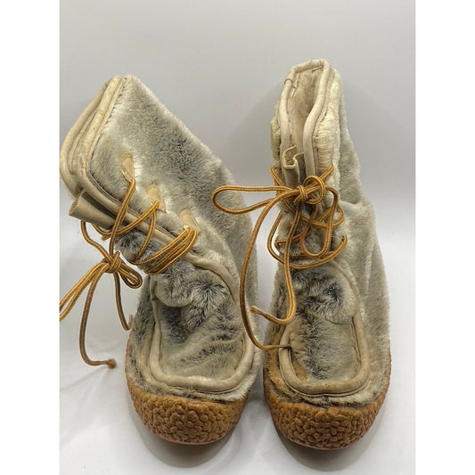 DRIFTERS Women's Vintage Grey-Tan Faux-Fur Lace-Up Calf Winterwear Boots SZ 7