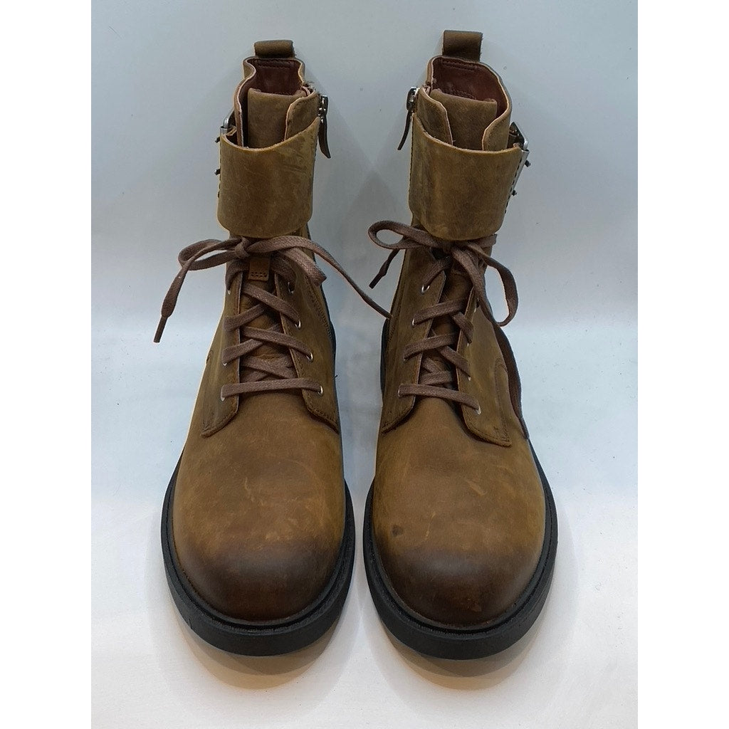 CLARKS Women's Brown Leather Orinoco Round-Toe Side-Buckle Combat Boots SZ 8.5