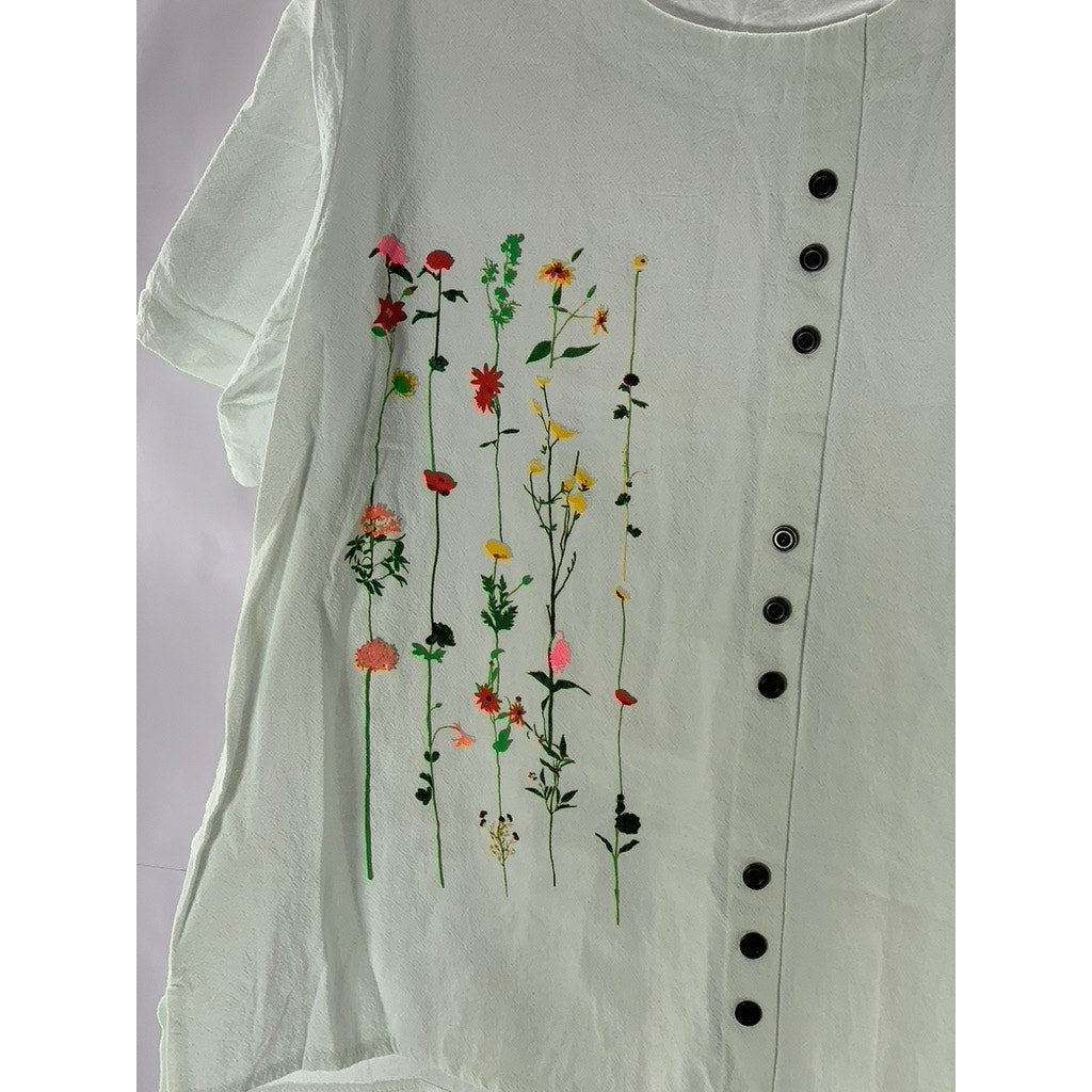 UNBRANDED Women's White Floral Snap-Button Crewneck Short Sleeve Top SZ 3XL