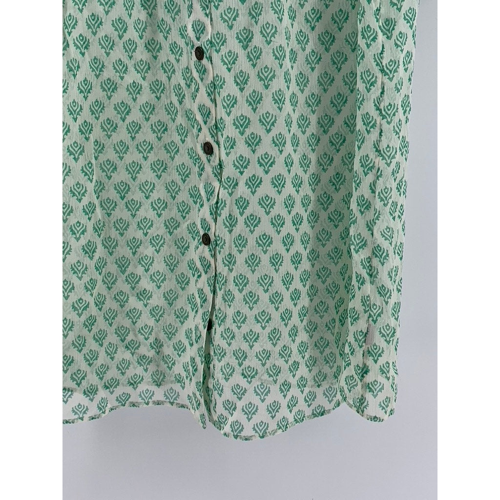 BANANA REPUBLIC Women's White-Green Printed Pintuck Button-Up Silk Top SZ L