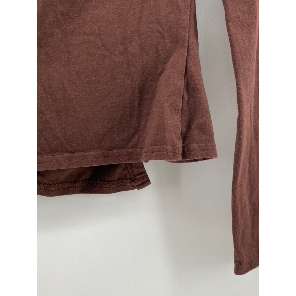 PRETTYLITTLETHING Women's Brown Solid Asymmetrical Button-Up Long Sleeve Top SZ2