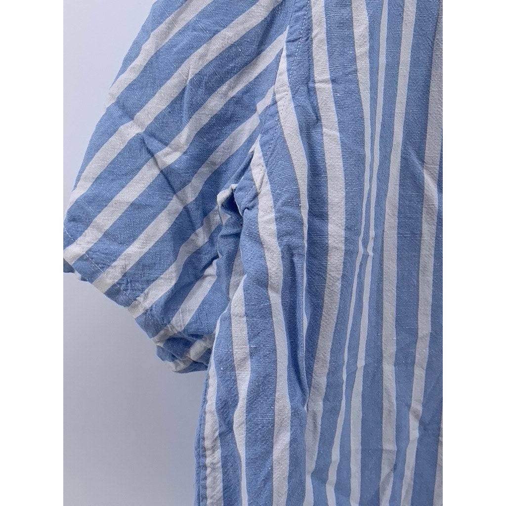 UNIQLO Women's Blue-White Striped Linen-Blend Button-Up Open-Collar Top SZ XL