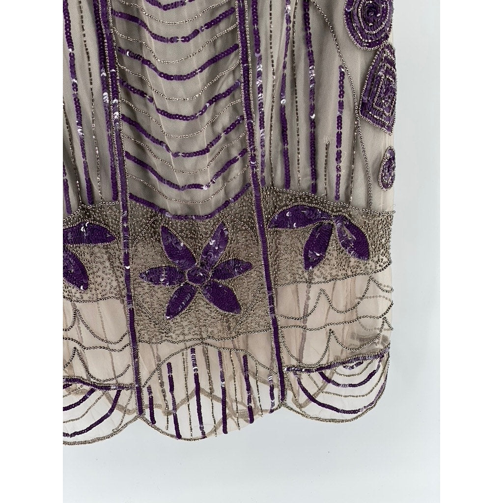 GATSBYLADY LONDON Women's Gray-Purple Beaded V-Neck Short Sleeve Dress SZ 6