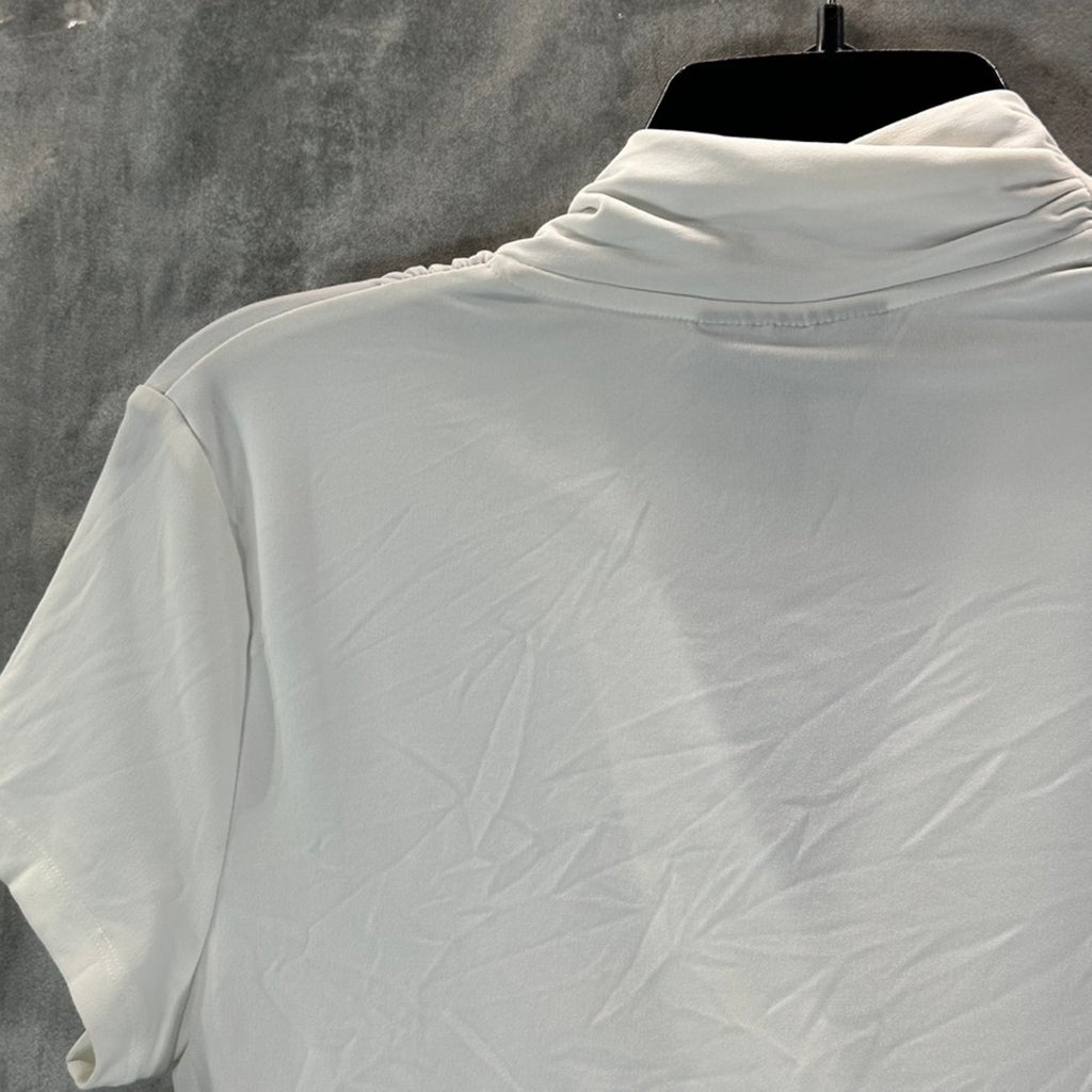 DKNY Women's White V-Neck Side Ruched  Short-Sleeve Top SZ S