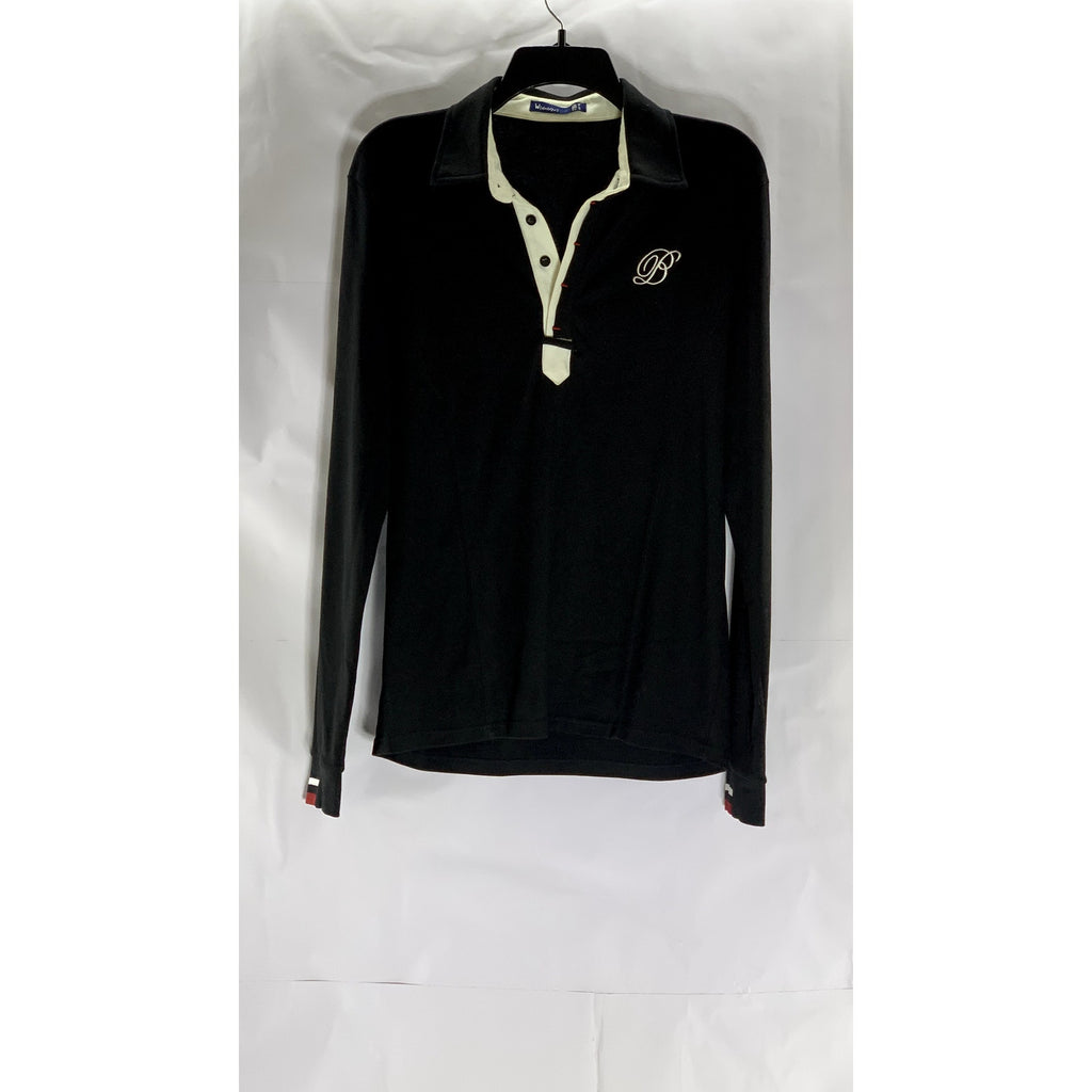 W[DABLJU:] Men's Black-Beige Embroidered 'B' Long Sleeve Polo Shirt SZ M
